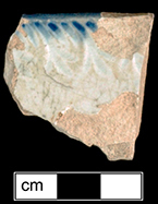 Image of sherd with "Chicken Foot" design in blue.